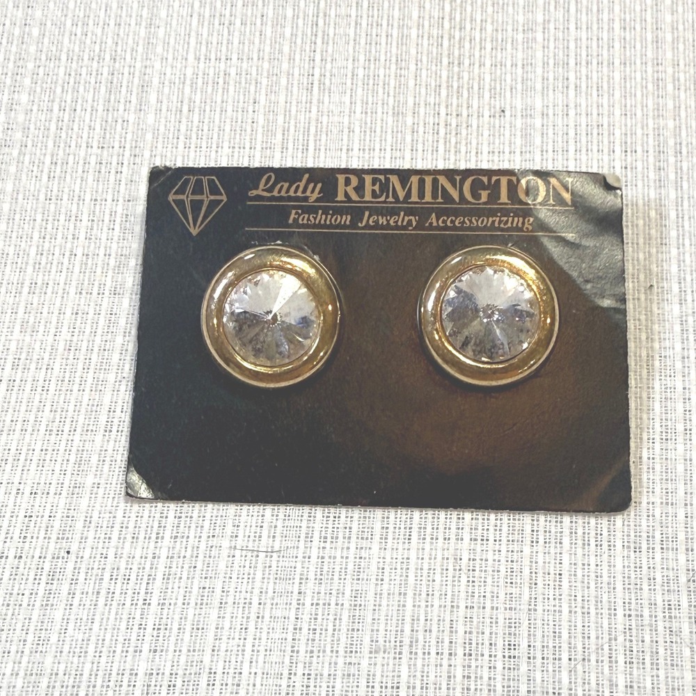 Vintage Lady Remington  Earrings‎ Gold Tone Clear Rhinestone 1960s